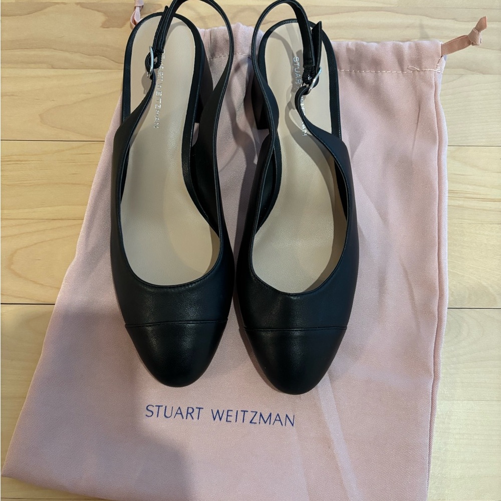 Stuart Weitzman Black Leather Slingback Pumps with Low Heel